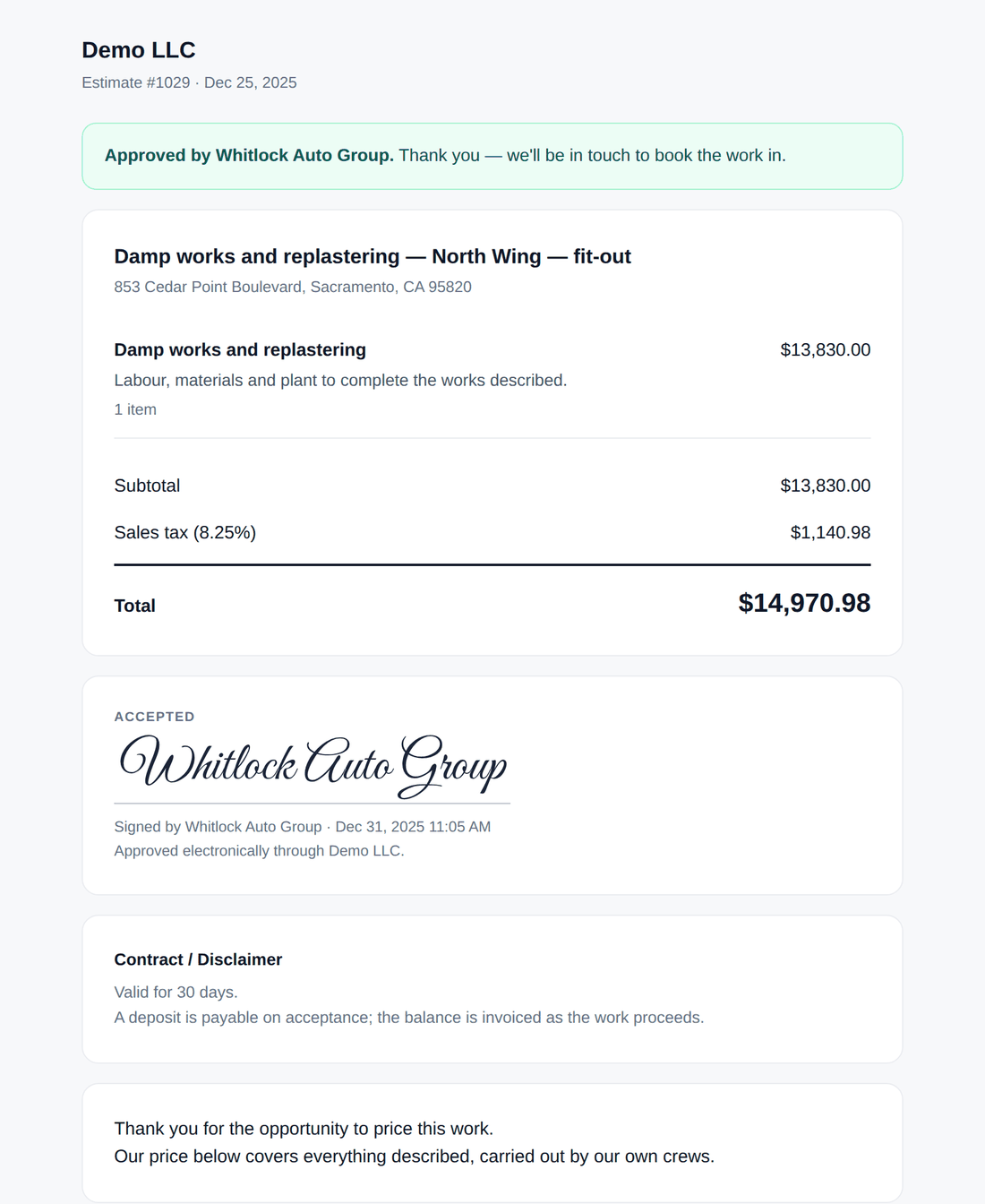 The customer's copy of quote #1017: the line items, the total, the contract, and the closing note at the foot of the page.