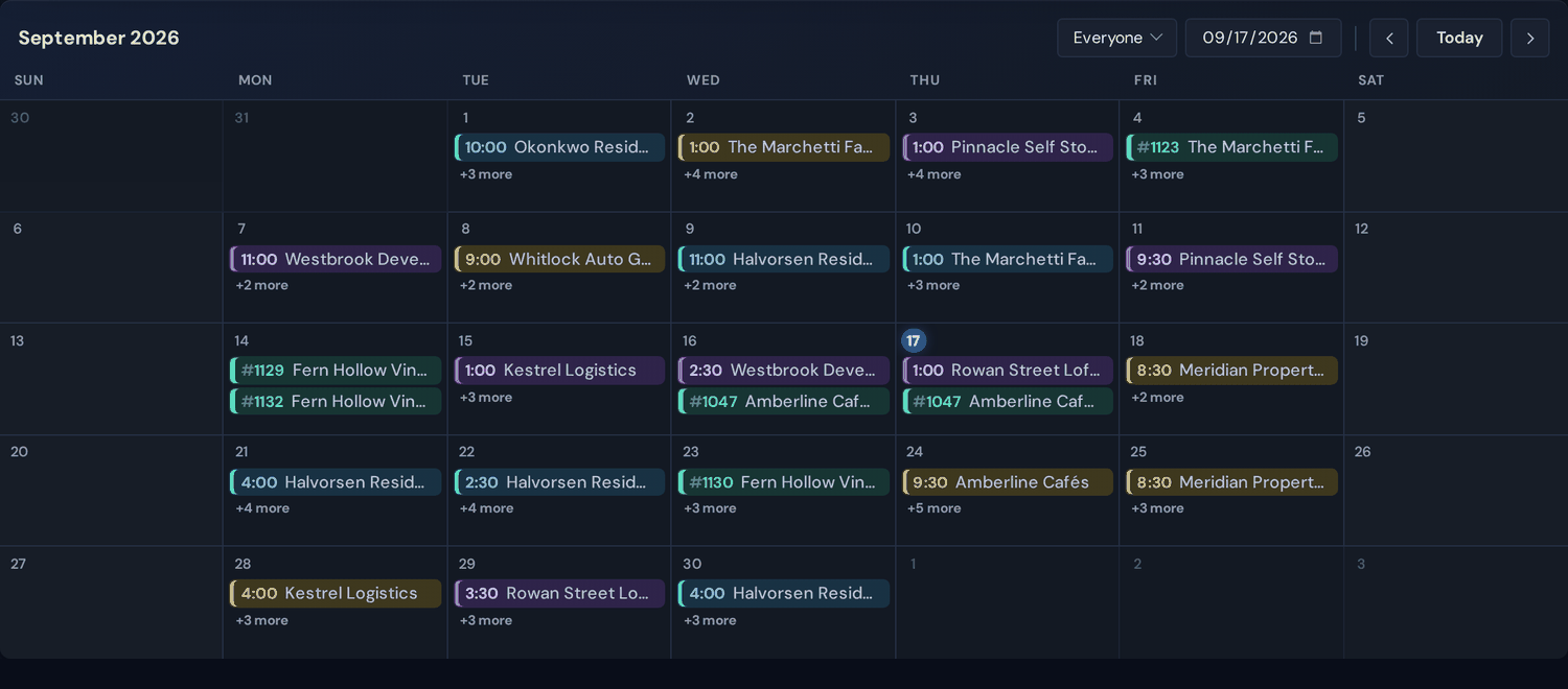A month of the schedule, every crew's bookings on one screen.