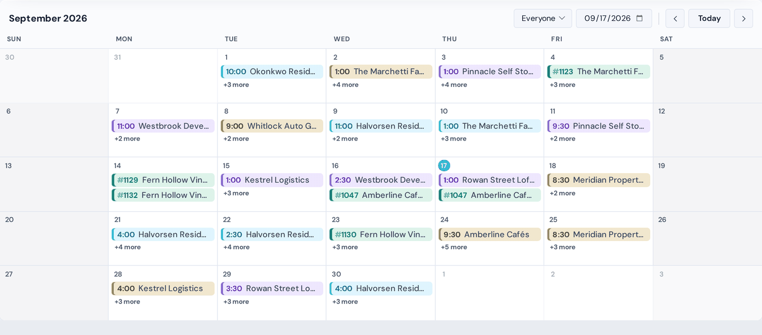 A month of the schedule, every crew's bookings on one screen.